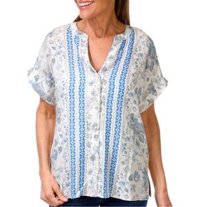 Chenault Cream and Blue Floral Button-Front Short Sleeve Blouse